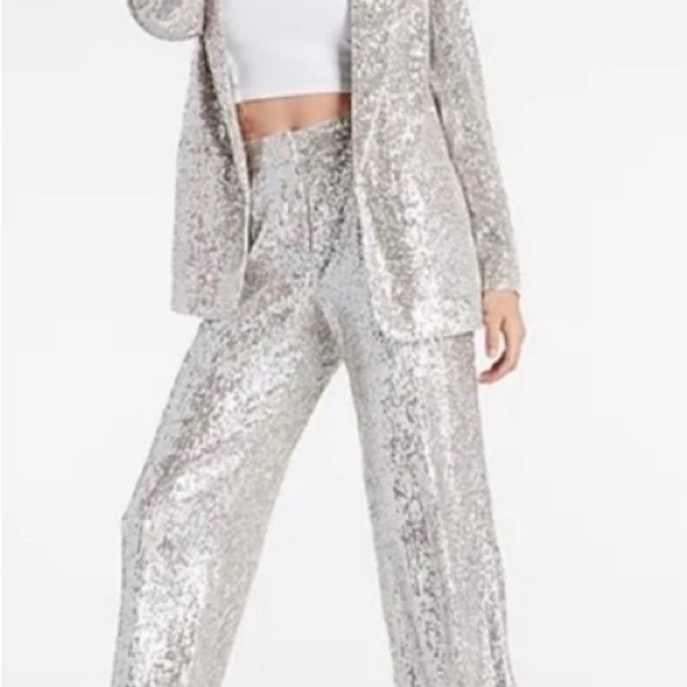Express Silver Sequin Wide-Leg Pants